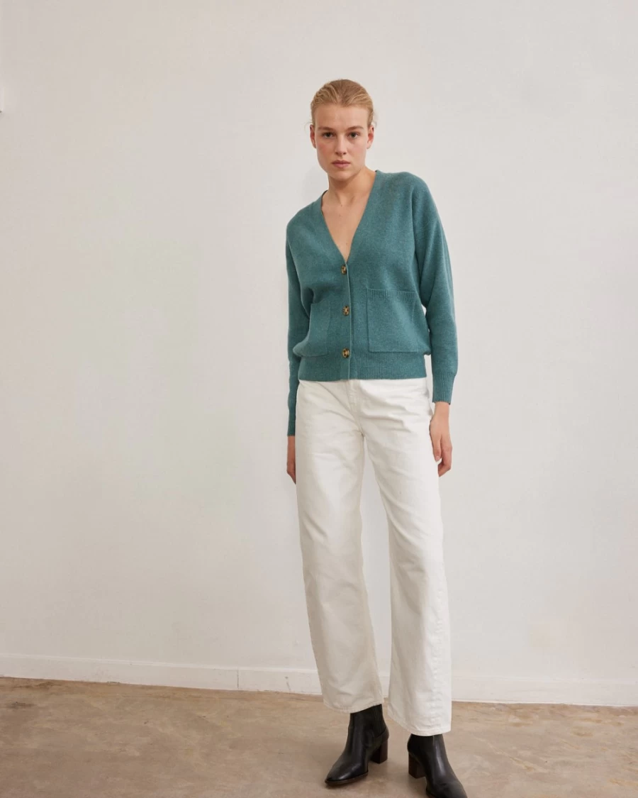 Rue Blanche Women's Shirley Cardi V-Neck Knit Sweater in Aqua - 23A Collection